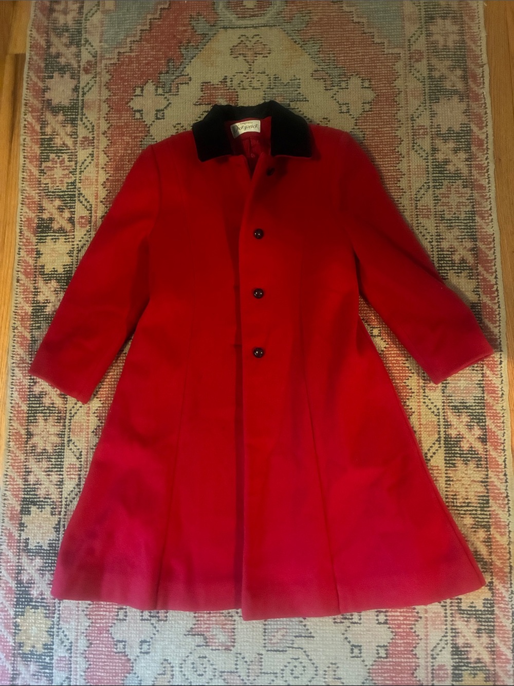 Vintage Dior Junior red wool coat black velvet collar A-line